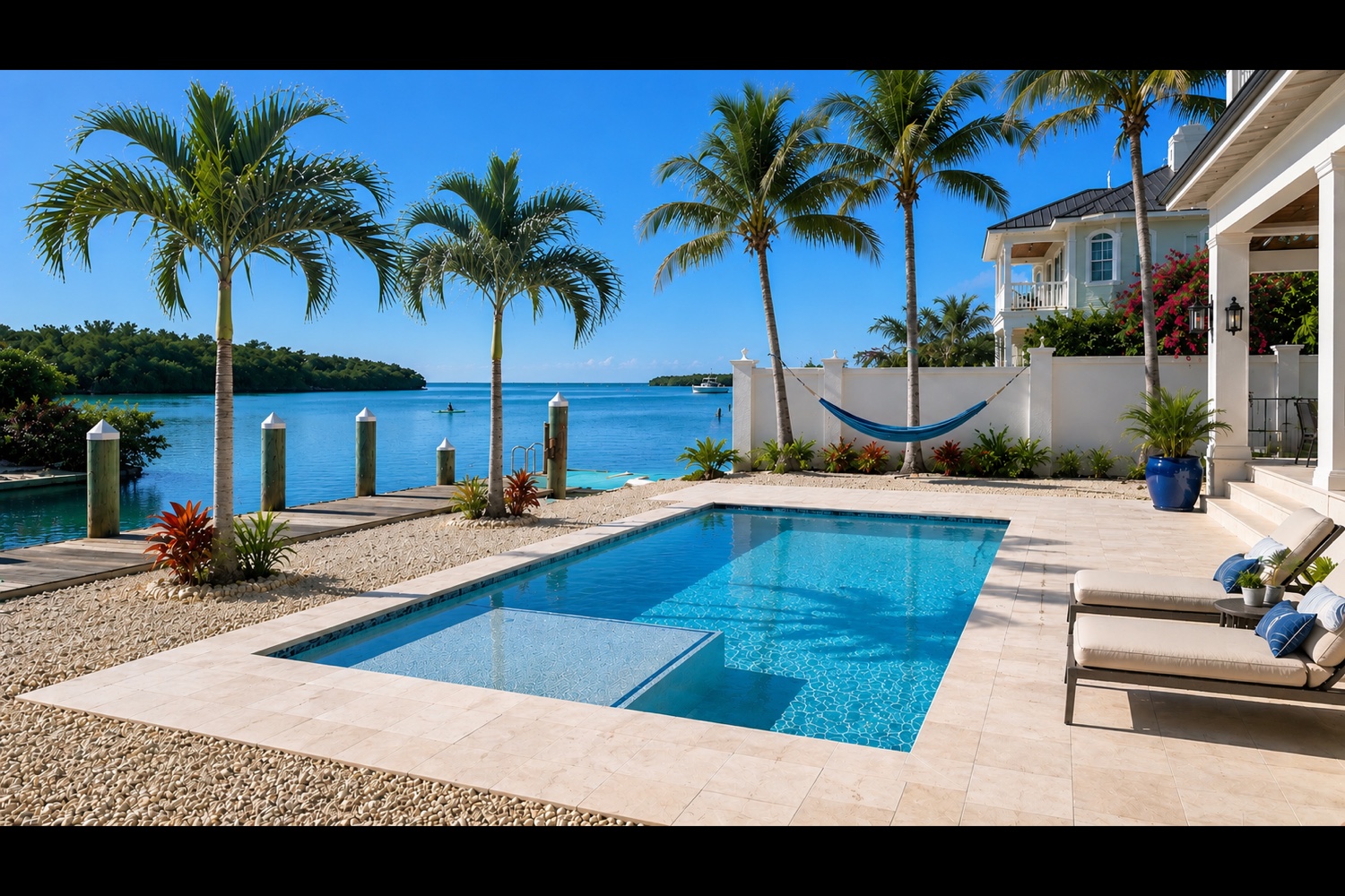 Waterfront infinity pool with palm trees in St. Petersburg, FL — cleaned and chemically balanced by Suncoast Pool Pros